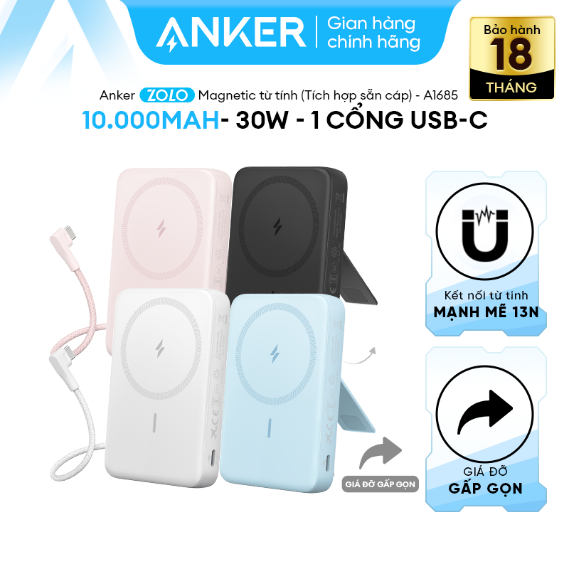 Anker Zolo 1 cổng USB-C (tích hợp sẵn cáp)+ Sạc không dây chuẩn Qi từ tính 10000mah, Đầu ra USB-C Tối đa 30W- A1685