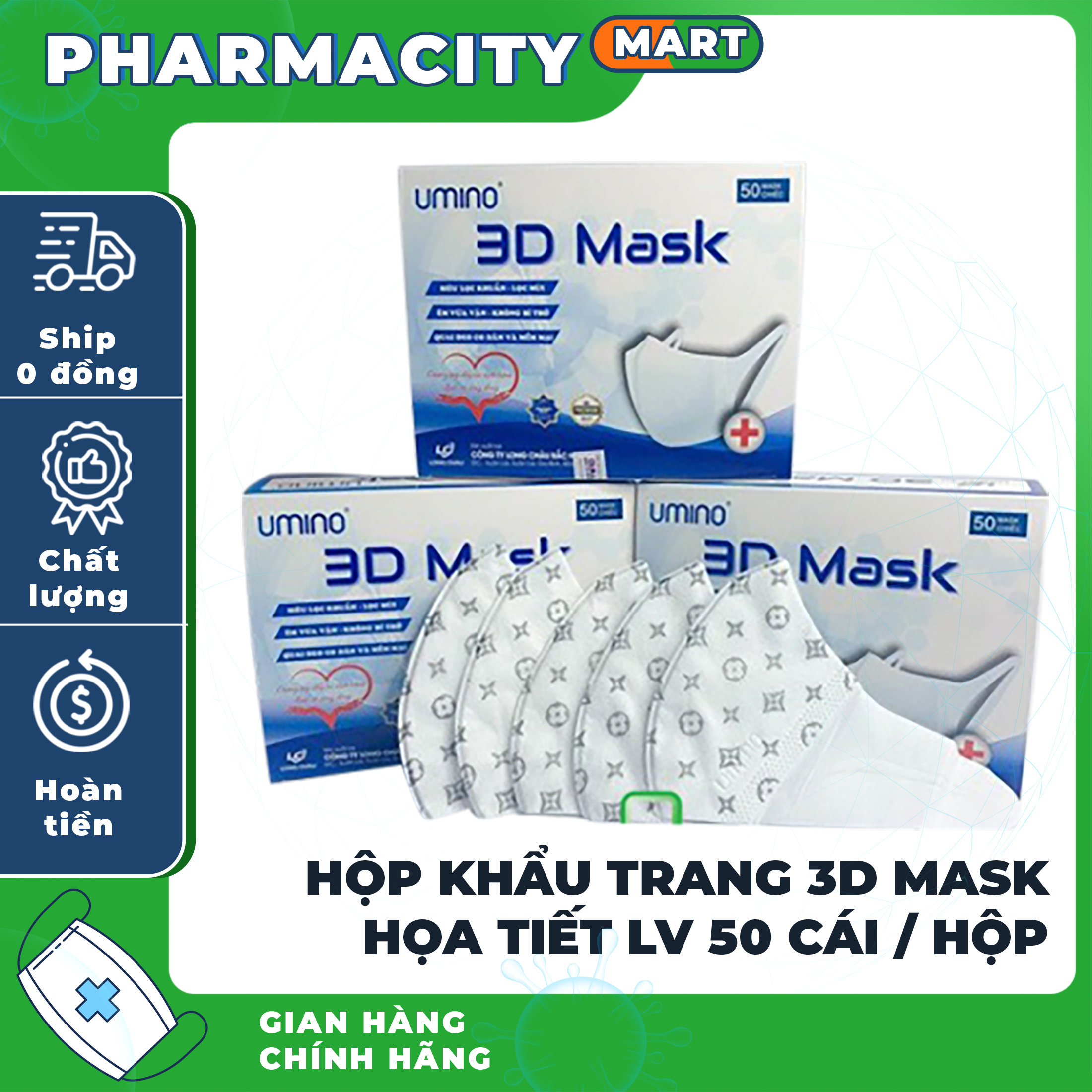 Hộp khẩu trang 3d mask họa tiết lv 50 cái / hộp