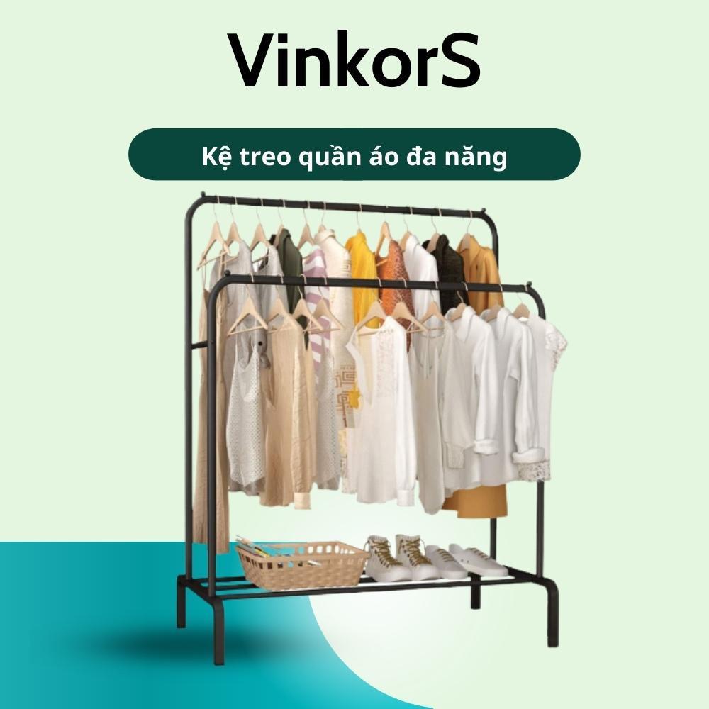 Kệ giá treo quần áo đa năng 2 khung có khay đựng giày dép chất liệu thép cacbon không gỉ, giàn phơi quần áo