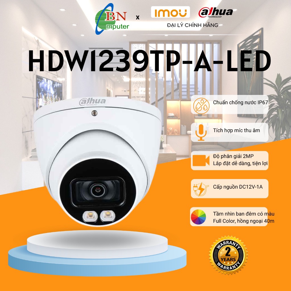 Mắt camera bán cầu HDCVI HDW1239TP-A-Led Full-Color 2.0Megapixels có mic