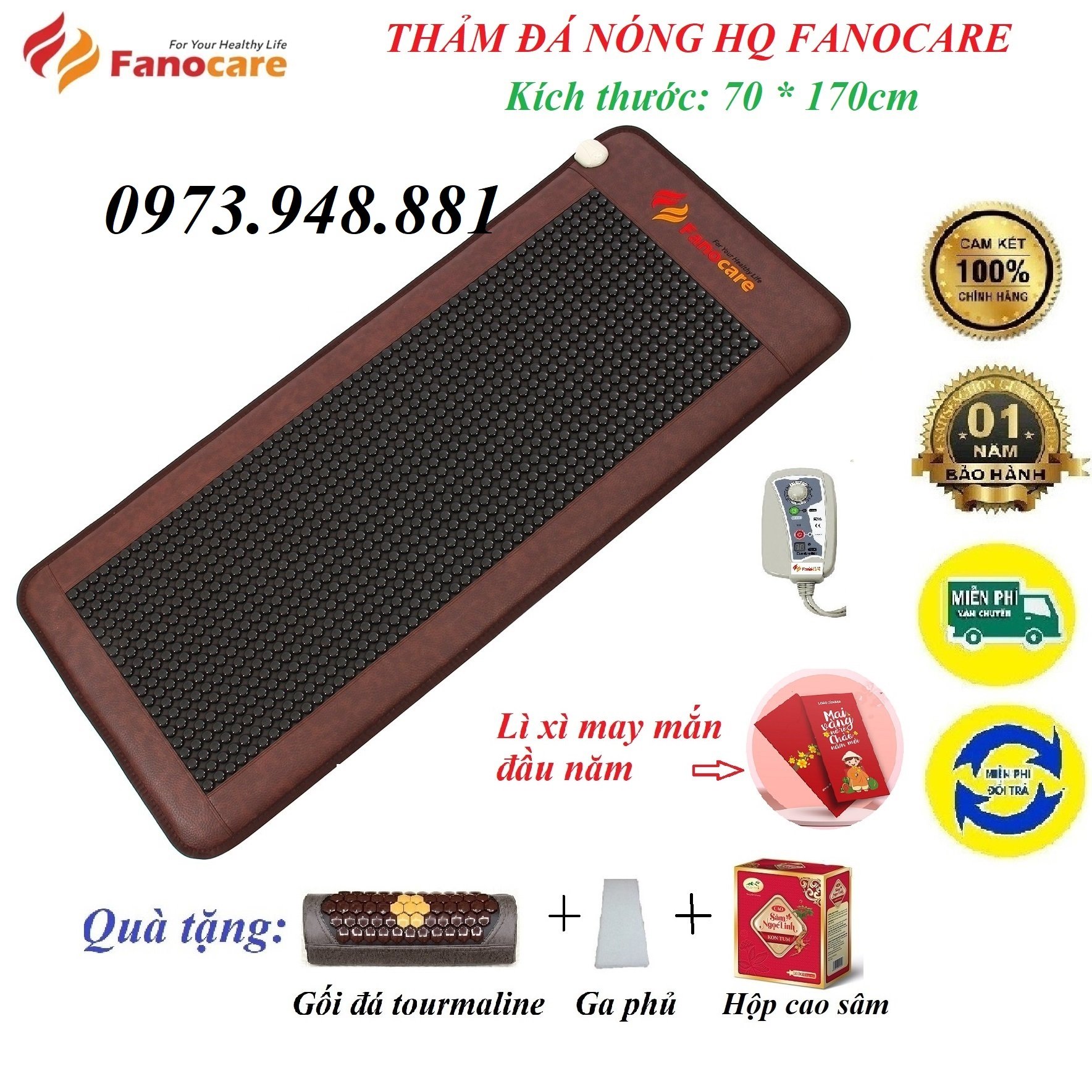 Thảm đá nhiệt nóng HQ Fanocare KT 70x170cm đá tròn đen