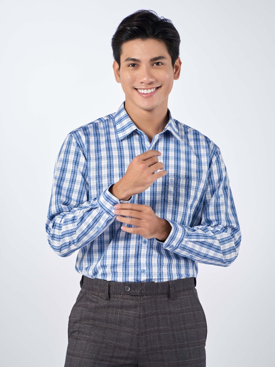 OWEN - Áo sơ mi dài tay Owen Regularfit chất cafe kẻ ca rô xanh 220870