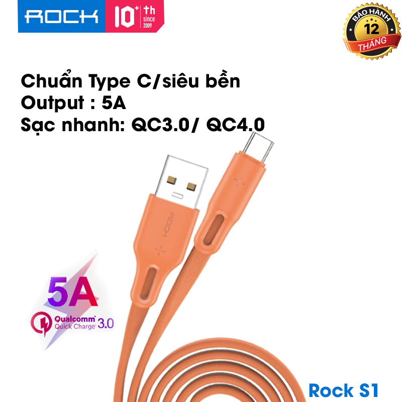 Cáp sạc nhanh và truyền dữ liệu Rock S1 Type-C 5A Fast Charge & Sync Flat Cable (RCB0740) kết nối Type-C cho Huawei Lite Pro P20