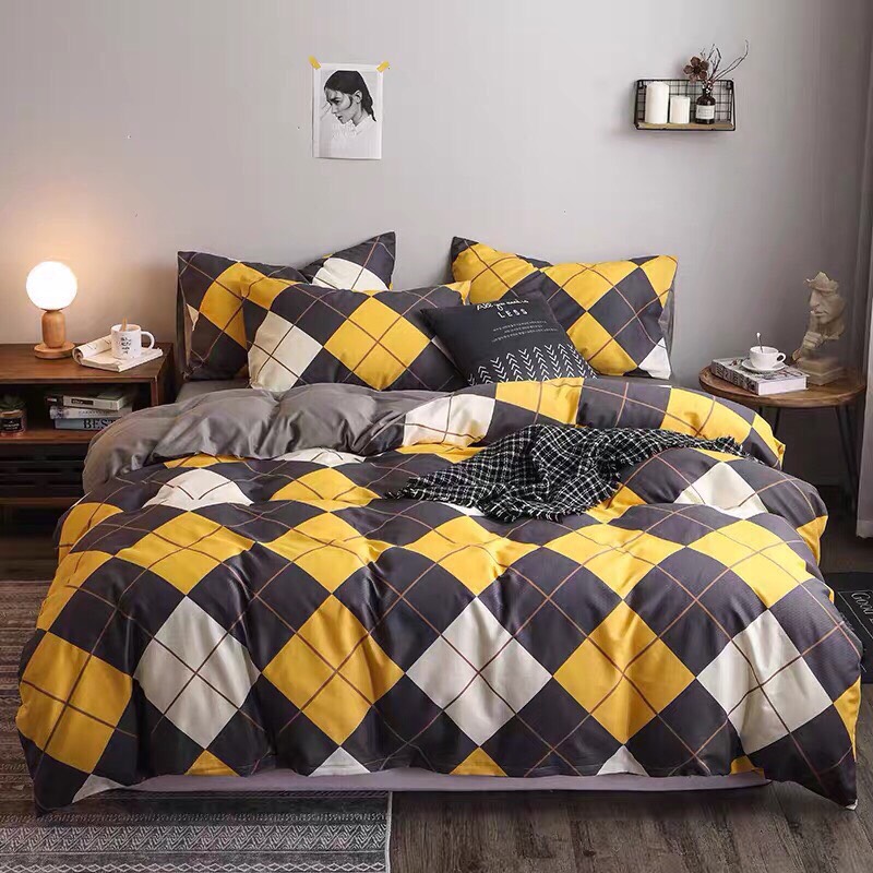 Bộ Chăn Ga Gối Cotton Poly - Kẻ Vàng 3 Màu ( 1 Drap + 2 Vỏ Gối Nằm + 1 Vỏ Chăn ) Không Phai , Không Xù , Kích Thước Đa Dạng