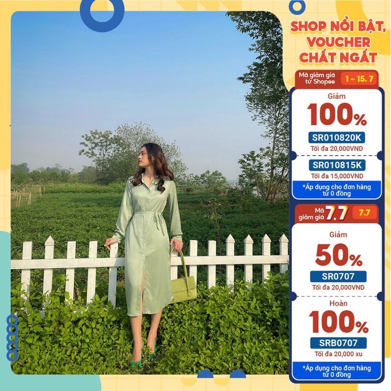 Váy sơ mi dáng dài, vải lụa cao cấp, thiết kế thanh lịch, màu xanh hottrend VA 005
