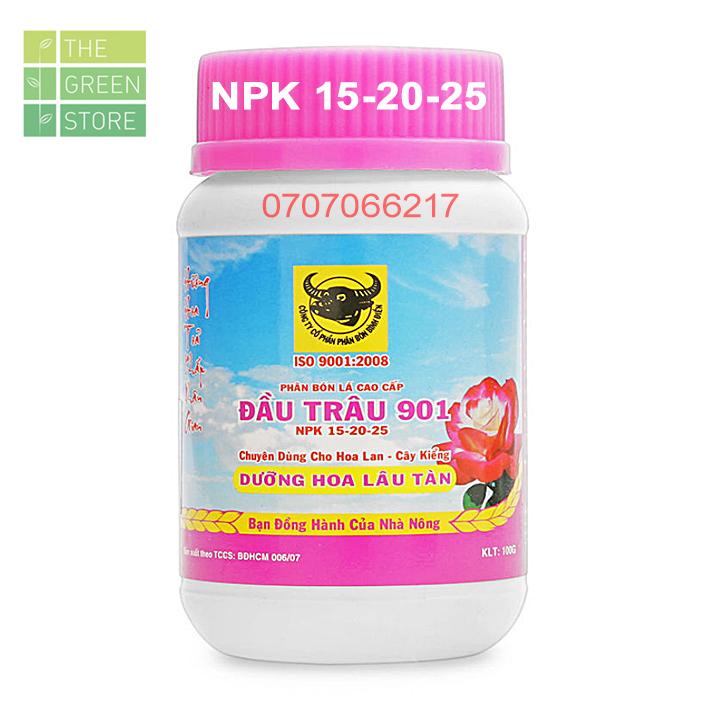 Phân bón Đầu Trâu 901 (100g) NPK 15-20-25 dưỡng hoa lâu tàn, nuôi trái chuyên dùng cho hoa lan, hoa hồng, mai vàng, hoa cây cảnh, rau ăn quả, cây ăn trái