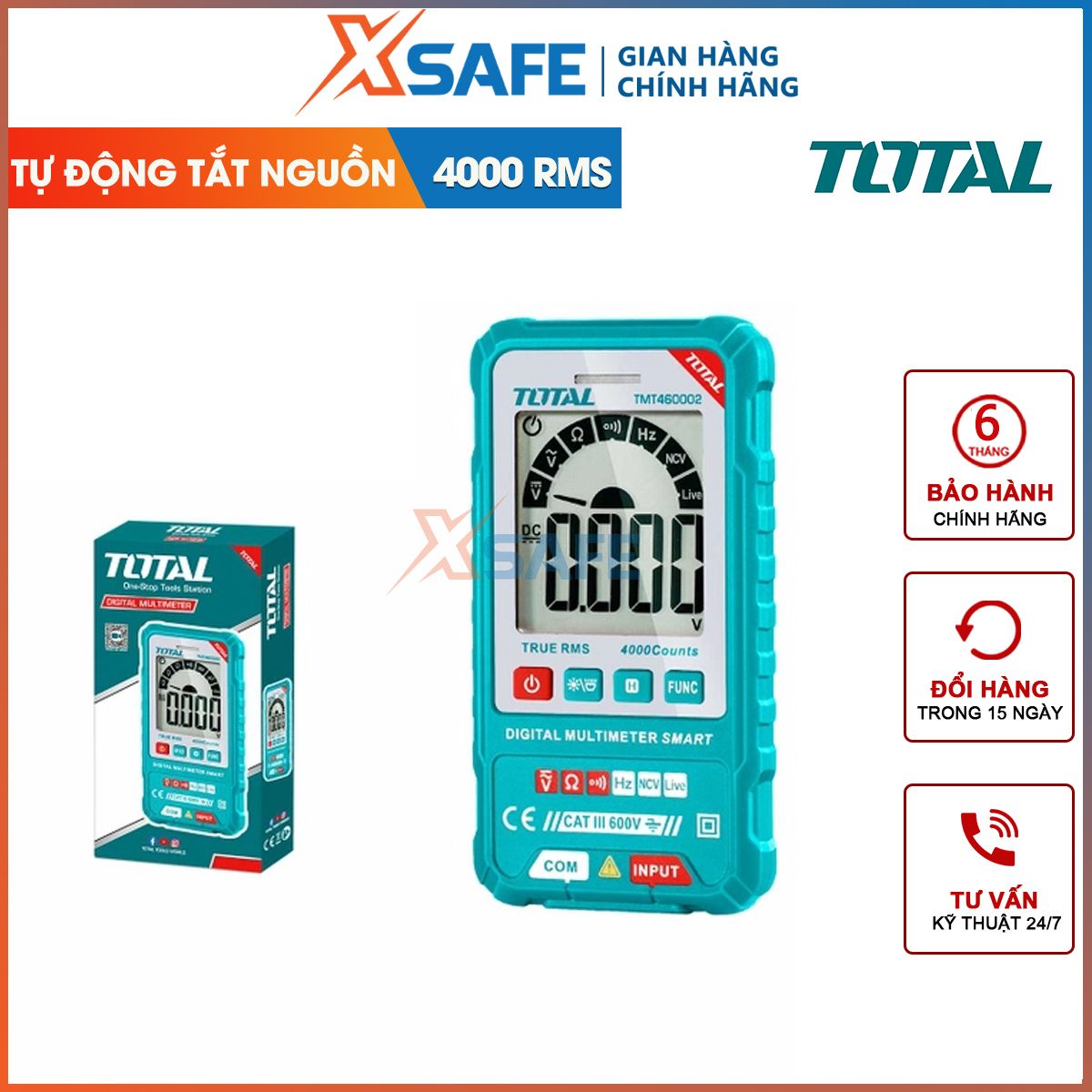 Đồng hồ đo điện vạn năng đo ac dc total tmt460002 4000 số đếm, kìm đo dòng điện tự động, đo điện áp, dòng điện, đo tụ, điển trở