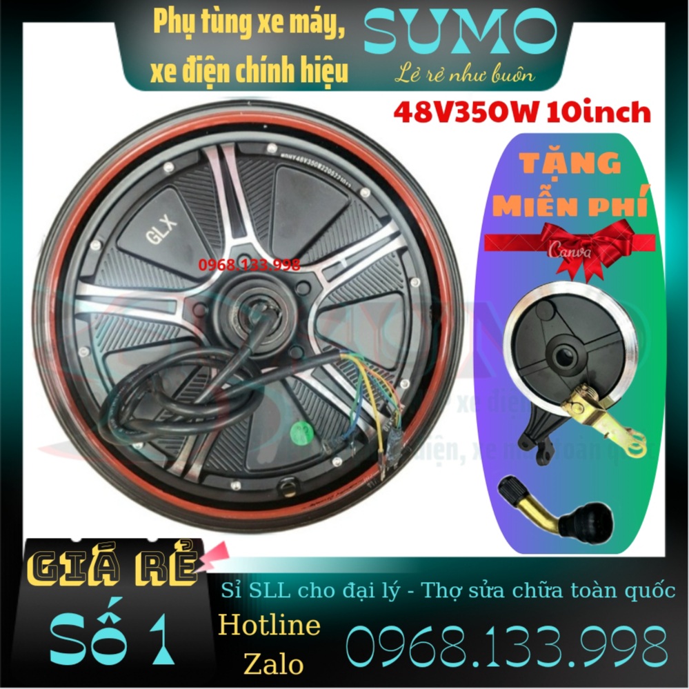 Động cơ xe điện 48v350w vành 10 phanh cơ tặng bát phanh và van cam kết 100% dây đồng - phụ tùng xe sumo