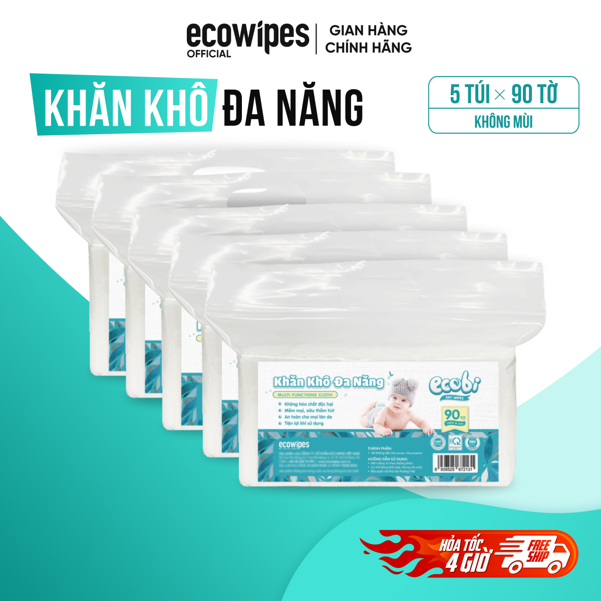 Combo 05 túi khăn vải khô đa năng cao cấp an toàn cho bé Ecowipes túi 90 tờ 120g siêu tiết kiệm mềm mịn dai thấm hút tốt