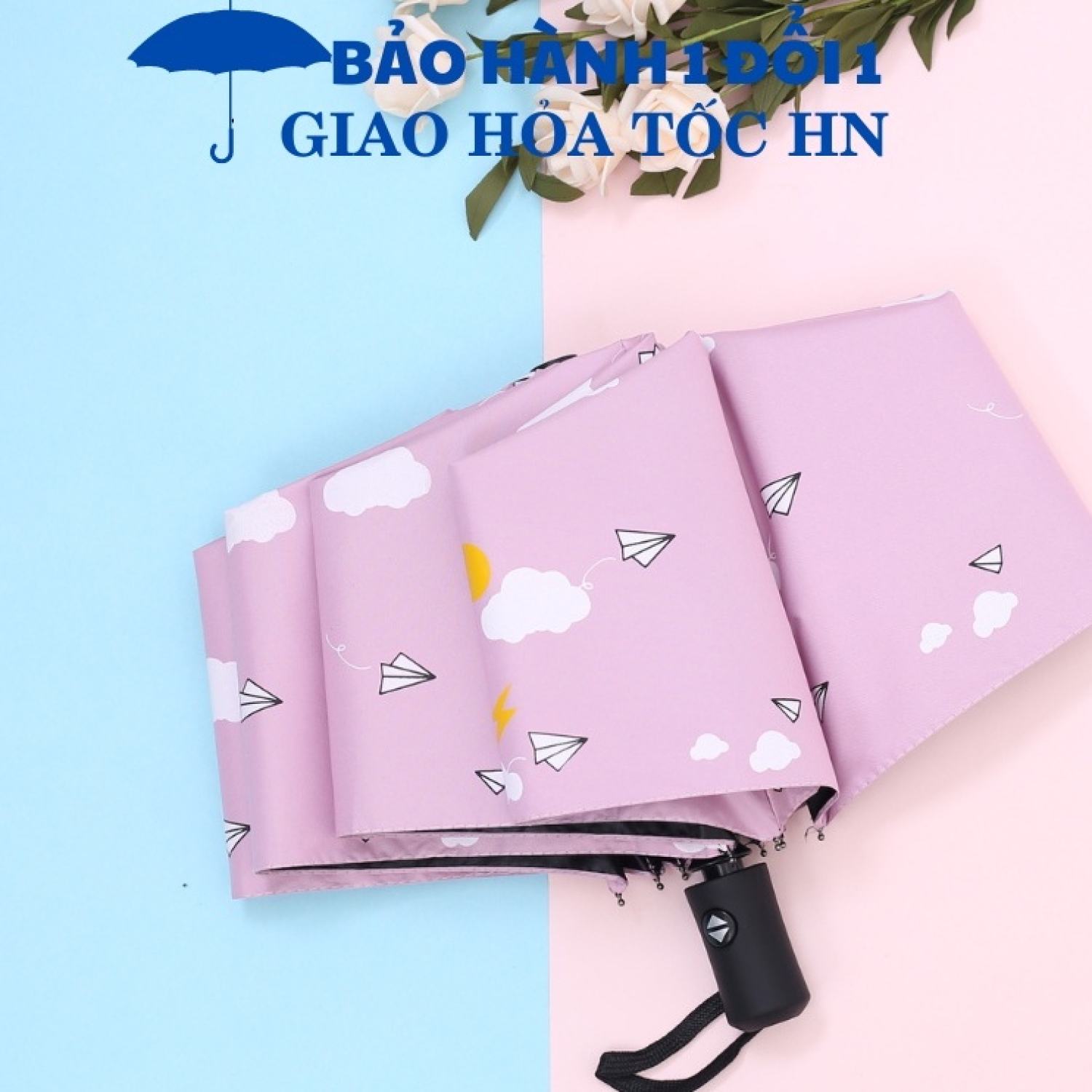 Ô dù che mưa TỰ ĐỘNG gấp gọn hình mây hồng dễ thương, ô dù che nắng cầm tay hàng 8 nan