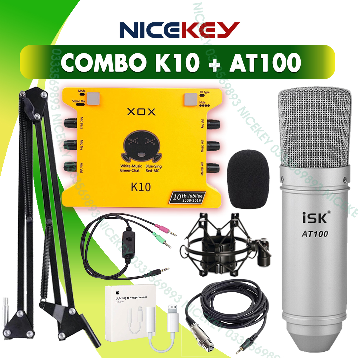 Bộ combo mic thu âm soundcard xox k10 2020 & mic isk at100 hát livestream, karaoke ⚡bh 1 năm⚡ thu âm điện thoại máy tính