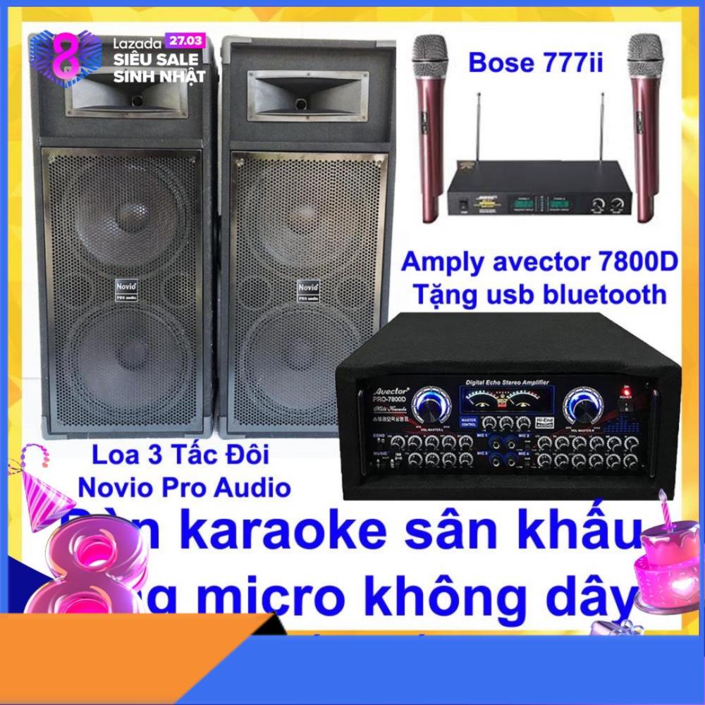 [Trả góp 0%]Dàn karaoke sân khấu karaoke gia đình Loa 3 tấc đôi nỉ novio pro audio và amply karaoke avector 7800d kèm bộ micro bs 777ii