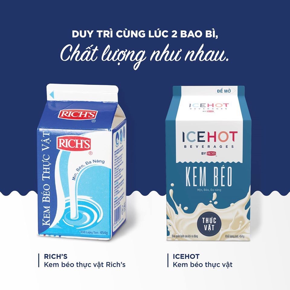 KEM BÉO THỰC VẬT RICH'S/ ICEHOT: - Quy cách: 454gr/ hộp ( 1 Thùng 24 hộp) tiện dụng, đa năng - Xuất xứ: Việt Nam (sản phẩm của tập đoàn Rich's Products Việt Nam) - Thời hạn sử dụng: 12 tháng - Màu trắng pha vàng nhẹ - Vị kem sữa thơm b