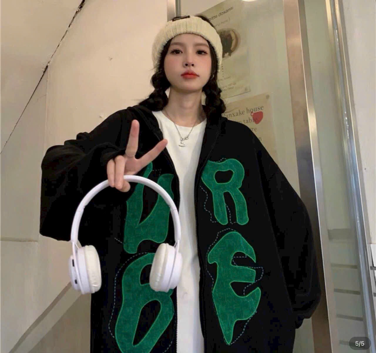 Áo hoodie tay phồng thêu chữ style Hàn Quốc, áo khoác thun nỉ có mũ dây kéo