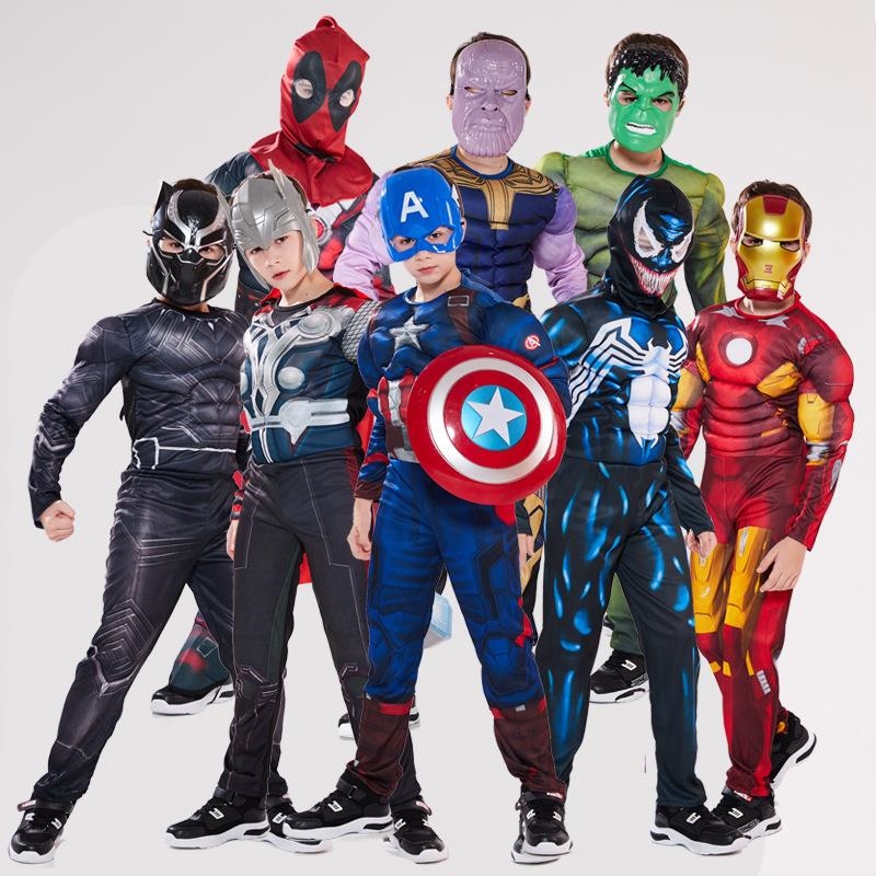 4-12Y Child Captain America Muscle Costume Superhero Movie Spiderman Thor Hulk Cosplay Uniform Halloween for Kid