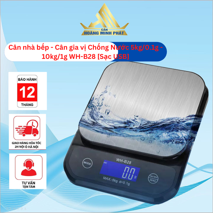 Cân bếp điện tử chống nước, cân tiểu ly nhà bếp, cân để bàn chống nước 5kg/0.1g - 10kg/1g WH-B28 (có kèm cáp sạc) sạc USB