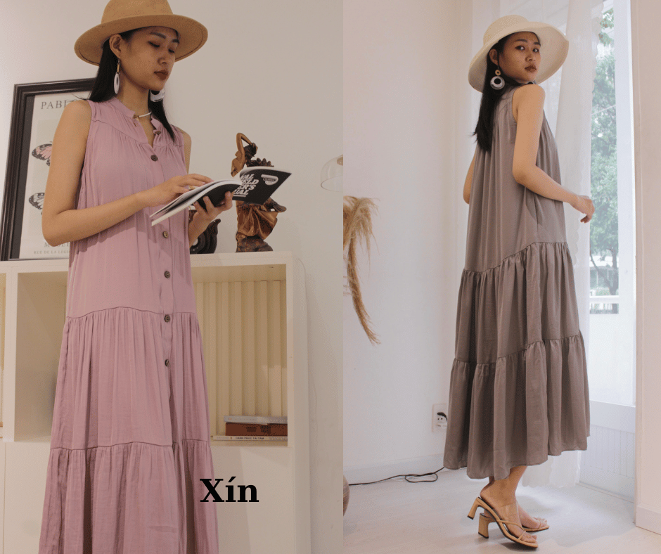 Đầm sơ mi nữ sát nách tùng váy tầng xoè, có túi 2 bên hông