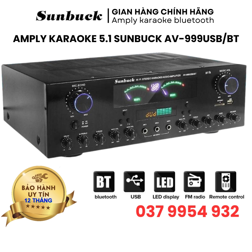 Amply karaoke bluetooth công suất lớn 900W Sunbuck AV-999BT, âm ly có điều khiển từ xa, hỗ trợ FM, USB, thẻ SD, amly karaoke gia đình chất công suất lớn, dễ sử dụng, amly bluetooth chất lượng