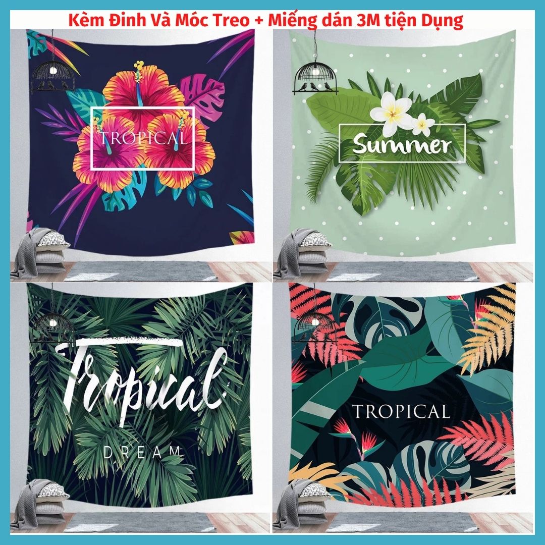 Tranh vải treo tường Decor phòng phong cách Vintage Tropical KÍCH THƯỚC LỚN 150x130cm Tặng Kèm Móc Treo, Dinh đóng tường