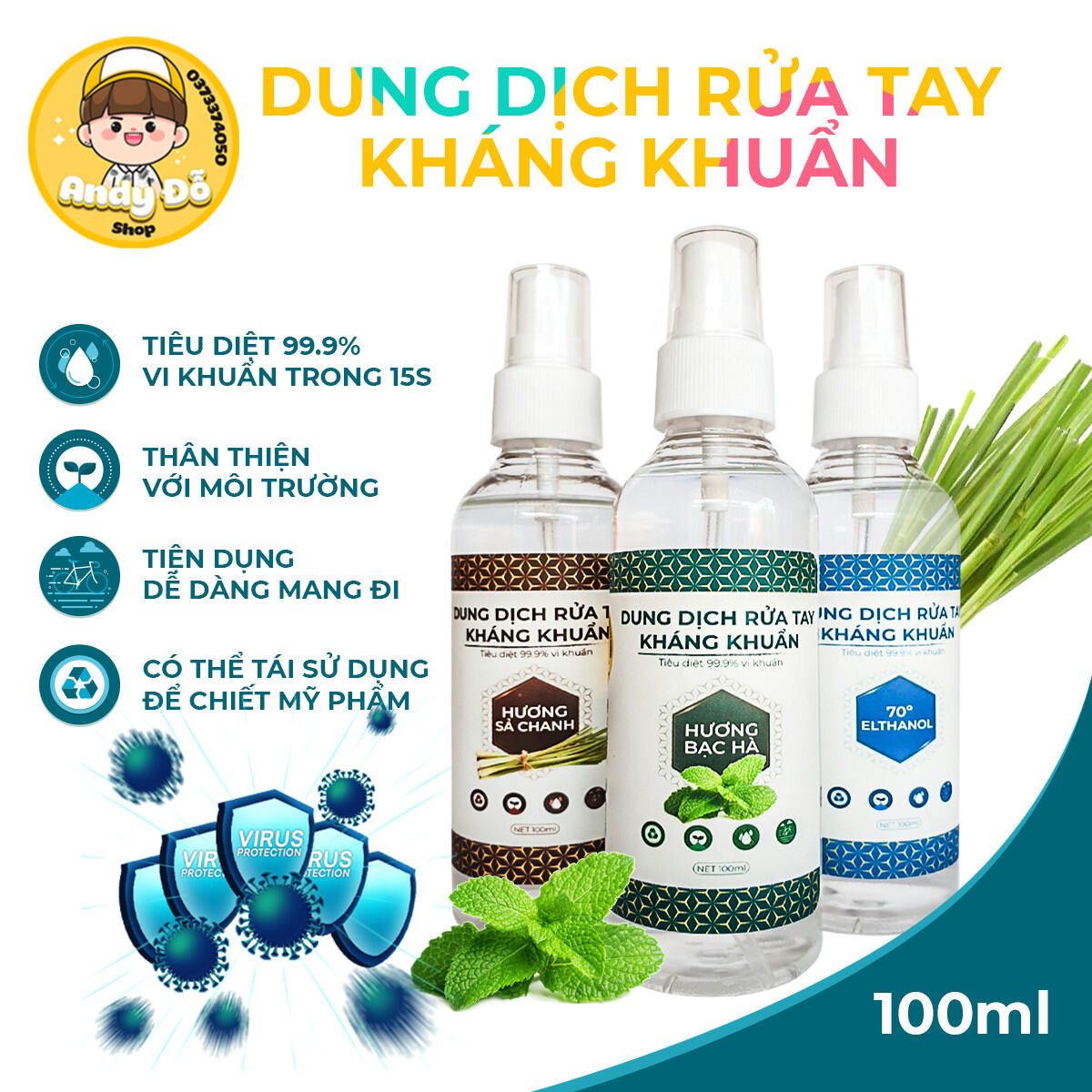 Dung dịch sát khuẩn sạch tay andy đỗ 100ml.