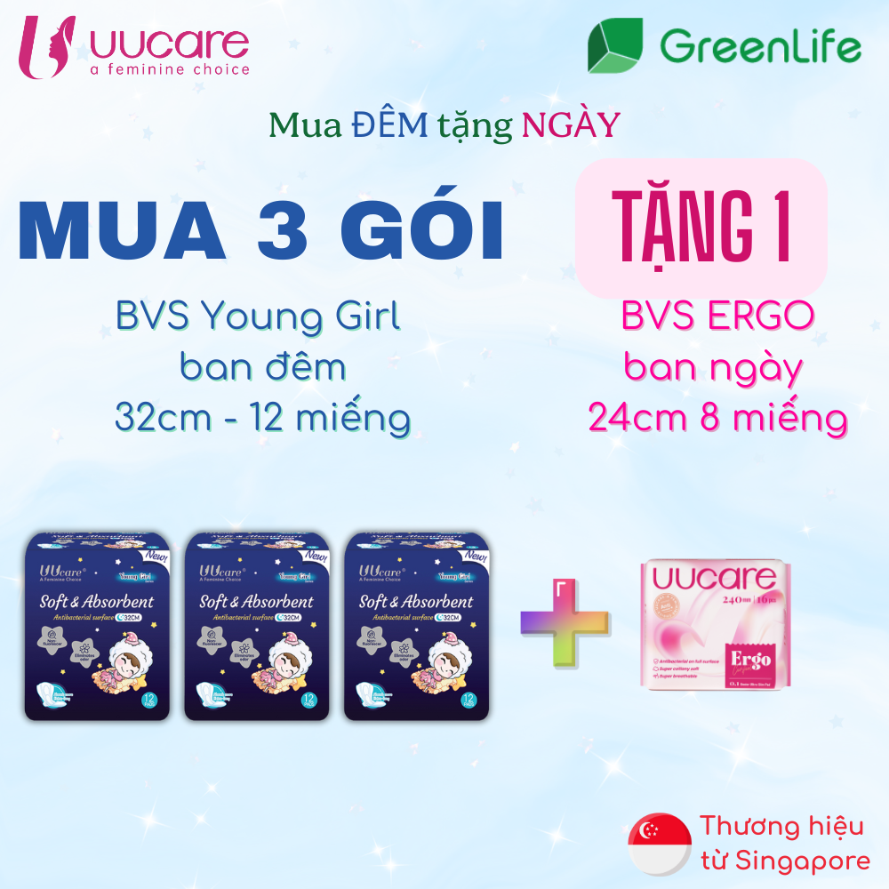 Combo Tiết kiệm Băng vệ sinh ban đêm UUcare Singapore Young Girl 32cm