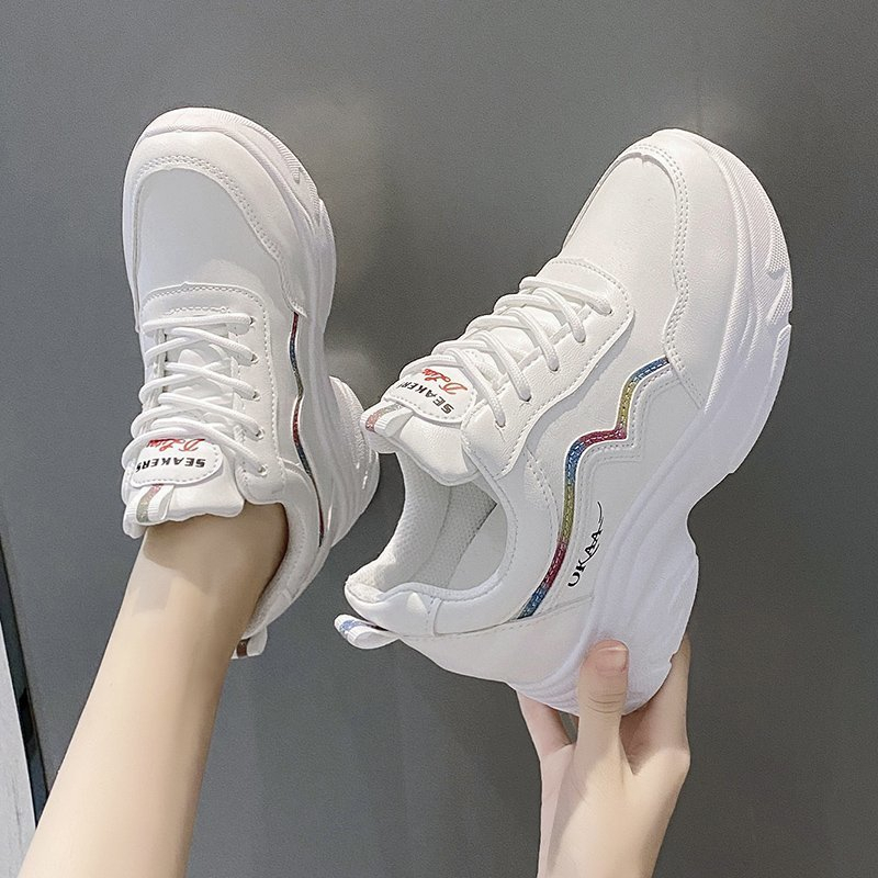 Giày Da Nữ, Giày Sneaker Da Nữ G28 Màu Trắng Đẹp Độn Đế 7 Phân Tăng Chiều Cao Cho Học Sinh Sinh Viên