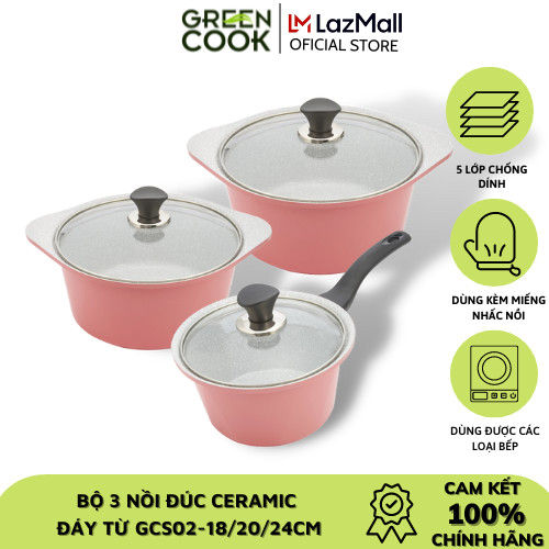 Bộ 3 nồi đúc ceramic vân đá chống dính đáy từ 18 cm, 20 cm và 24 cm Green Cook GCS02 màu hồng, dùng được tất cả các loại bếp, công nghệ Hàn Quốc sản xuất tại Việt Nam - Hàng chính hãng greencook