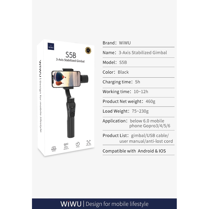 Gậy chống rung Wiwu 3-Axis Stabilized Gimbal S5B cho điện thoại thông minh