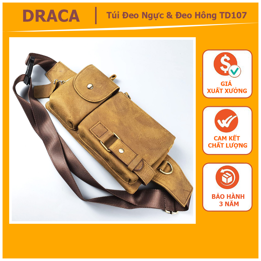 _ DA THẬT_Túi đeo ngực kết hợp đeo hông nam da bò thật TD107 - 100% da bò thật, BH 3 năm, Túi đeo ngưc da bò đẳng cấp - phong cách dễ phối đồ, Túi đeo chéo da bò thật cao cấp chất lượng cao - Draca Offical