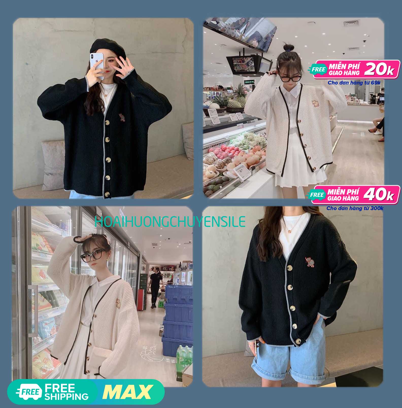 Áo Khoác Len CADIGAN Nữ Thêu Voi Form Rộng H&H CLOTHES  -Áo Nữ Kèm VIDEO Ảnh Thật - Áo Khoác Chất Liệu Len Không Xù Đủ Size Lựa Chọn
