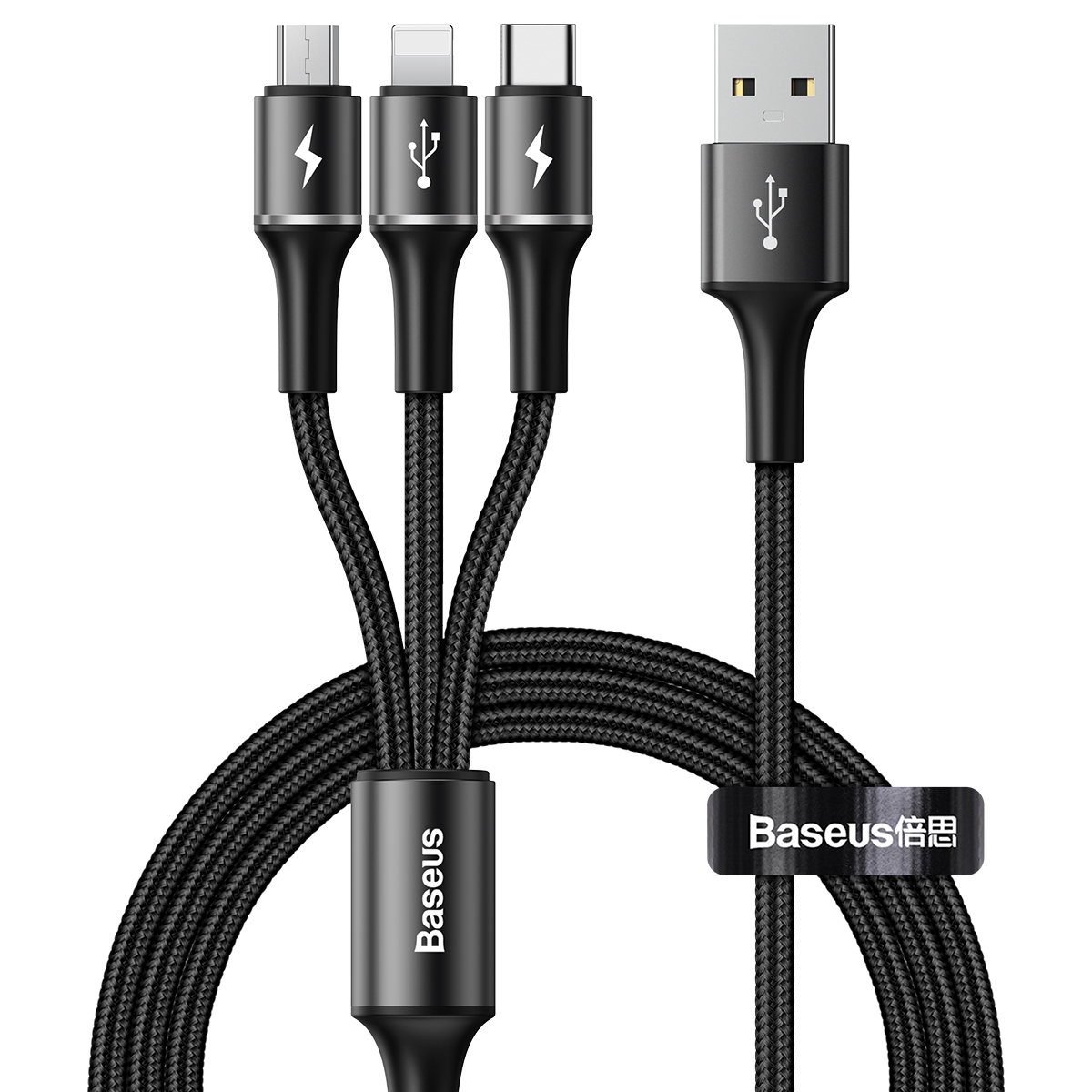 [HCM]Cáp sạc vải dù siêu bền có đèn báo sạc 3 đầu Baseus Halo Data 3 in 1 (USB to Type C/ Lightning/ Micro 3.5A Fast Charging & Sync Data Cable) - Hàng chính hãng