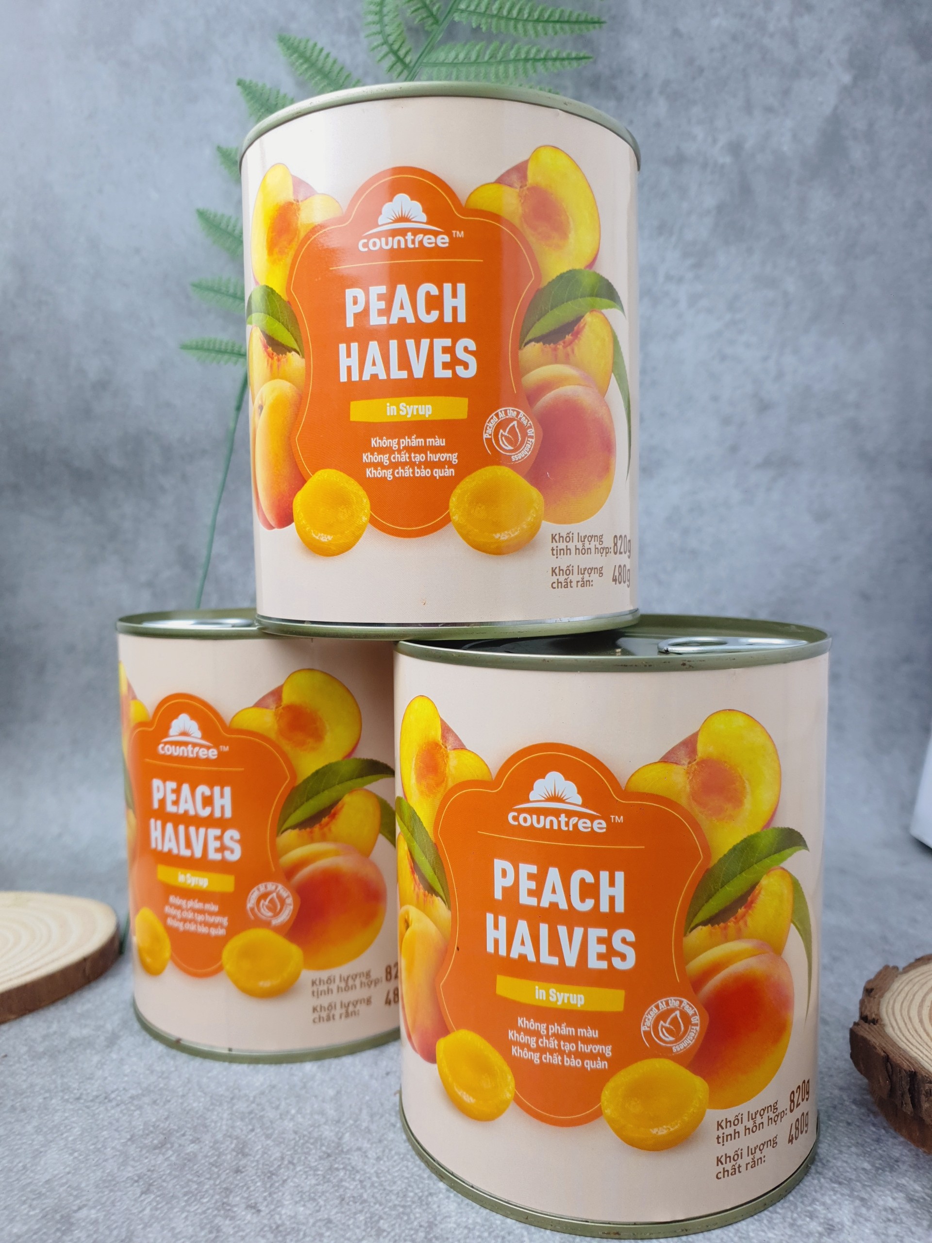 Đào Ngâm Hàn Quốc Countree/ Yellow Peach HALVES hộp 820g - topping cho trà đào thơm ngon