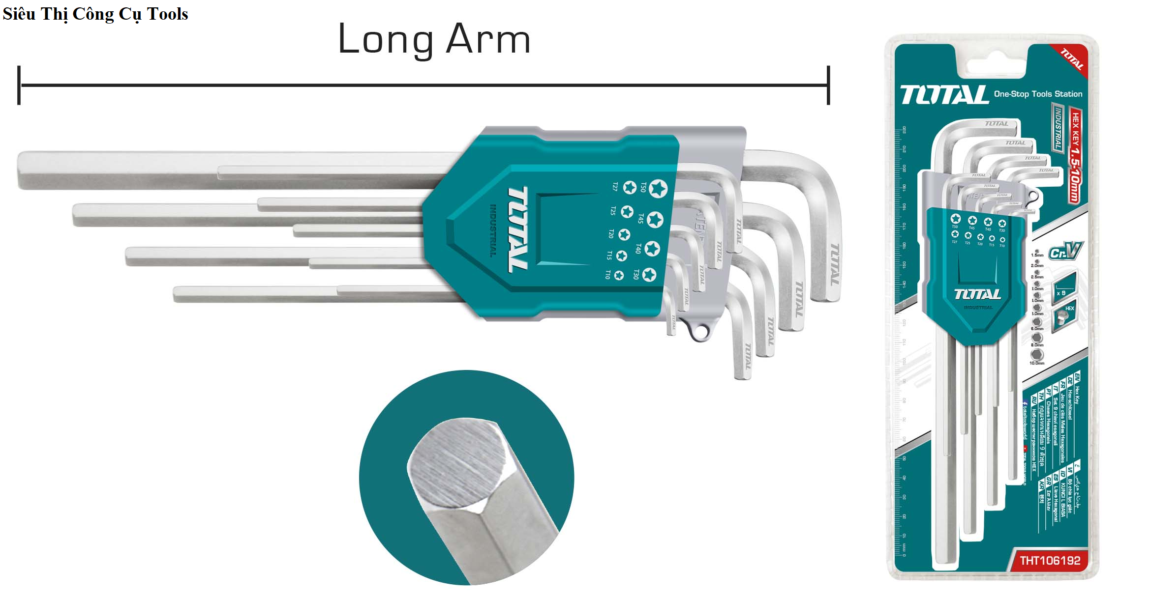 Bộ lục giác đầu bằng dài 9 chi tiết hệ mét 1,5-10mm total tht106192