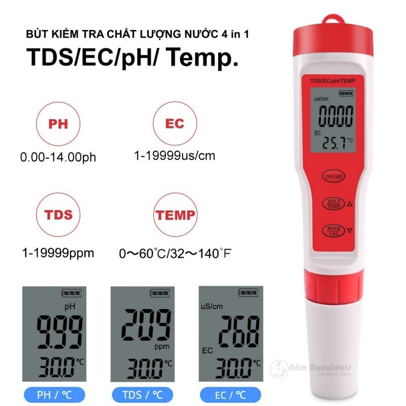 Bút Test Nước 4 in 1 EZ-9908 | Đo pH - TDS - EC và Nhiệt độ | Dùng kiểm tra nước uống, thuỷ canh, bể cá thuỷ sinh