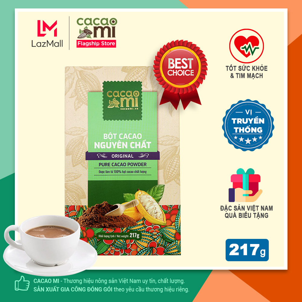 Bột cacao nguyên chất gu truyền thống CACAOMI Original pha chế socola nóng đặc sản Việt Nam làm quà biếu tặng hộp 217g