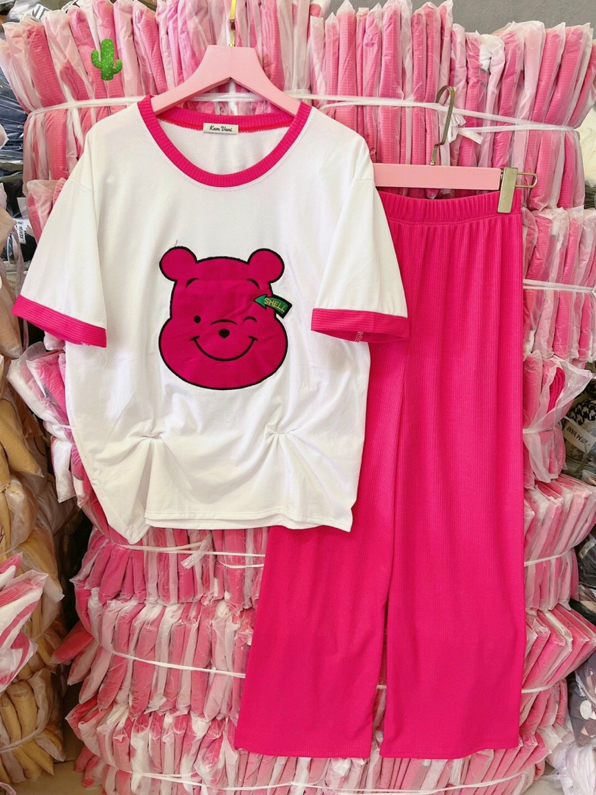 Set gấu hồng thêu chất gân - cotton siêu đẹp