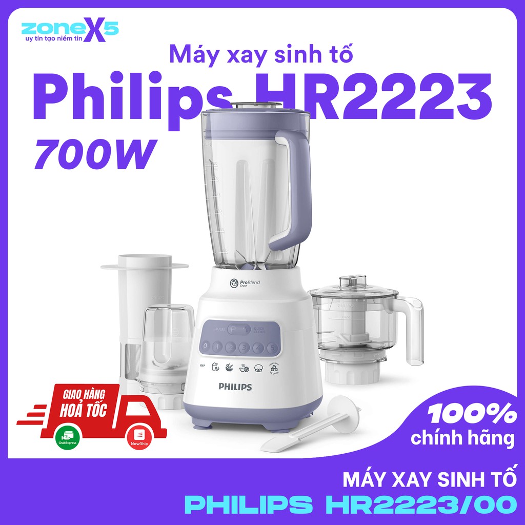 [Chính Hãng] Máy xay sinh tố Philips HR2223/00 công suất 700W - 3 bộ cối xay, nghiền mịn đá, nhanh gấp 2 lần - Philips HR2221/00