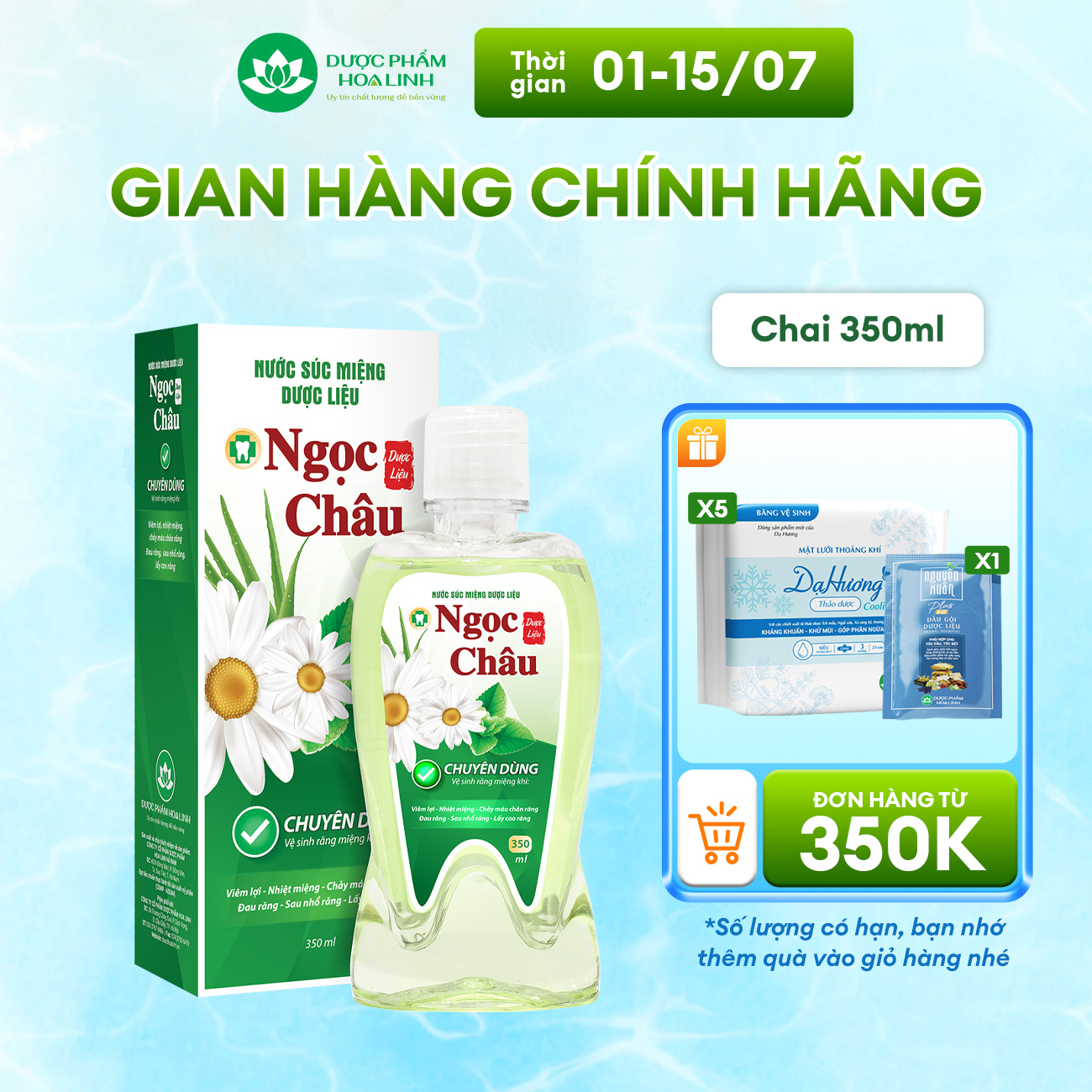 Nước súc miệng dược liệu Ngọc Châu 350ml - Ngăn nhiệt miệng, diệt khuẩn, giữ hơi thở thơm mát