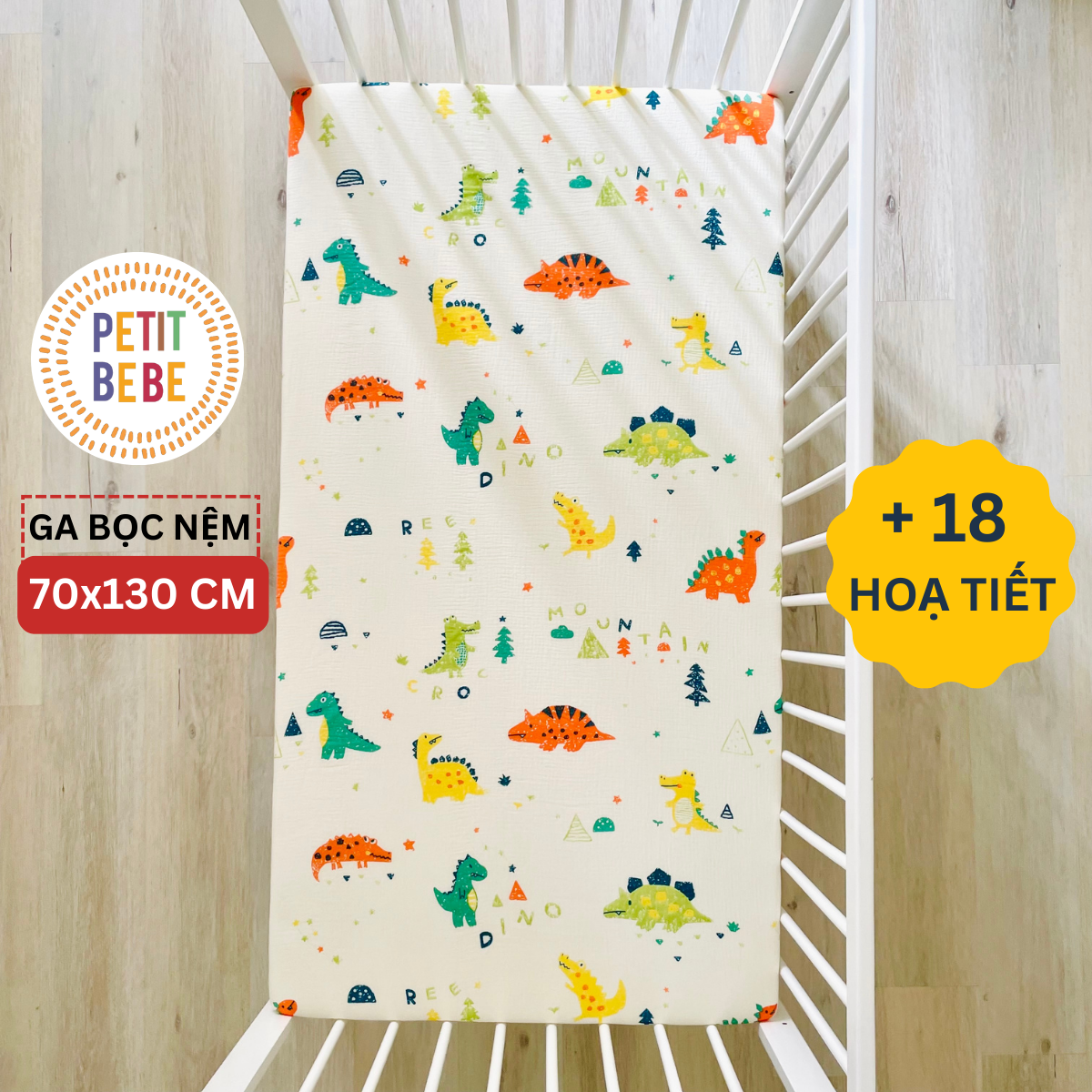 Ga bọc nệm cũi 70x130cm cho bé petit bebe muslin bo chun nhiều họa tiết