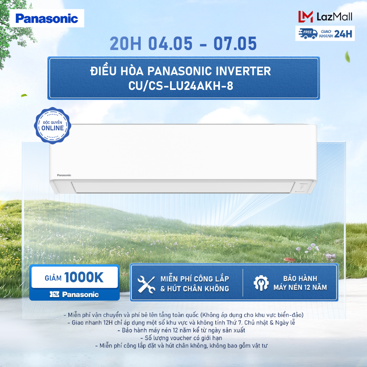 [ SẴN HÀNG MIỀN BẮC] Điều hòa Panasonic Inverter CU/CS-LU24AKH-8 - 2.5HP - Một chiều - Eco AI - Lọc sạch không khí NanoeX - Wifi