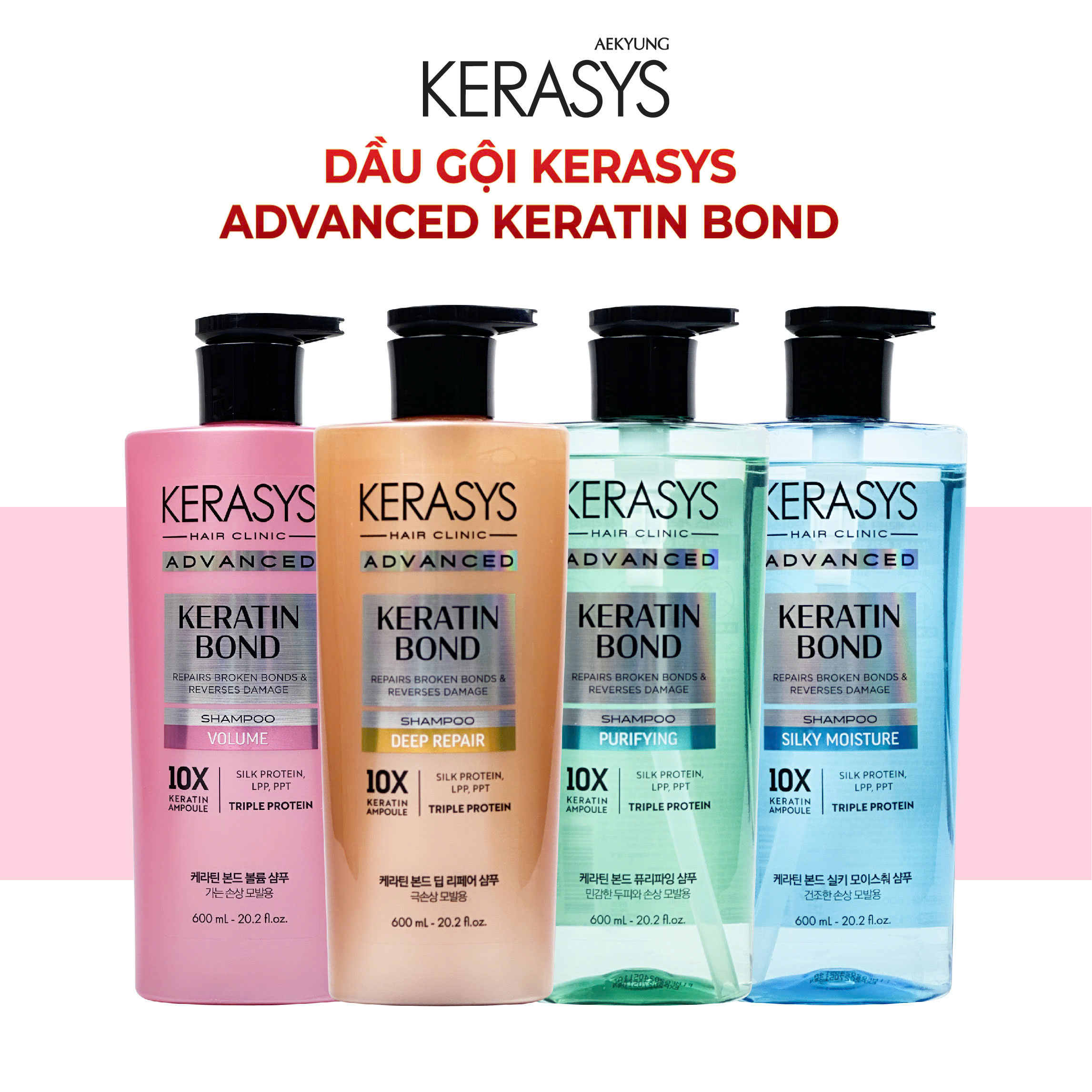 Dầu gội, dầu xả Kerasys Advanced Keratin Bond Hàn Quốc phục hồi chuyển sâu tóc hư tổn, làm phồng tóc