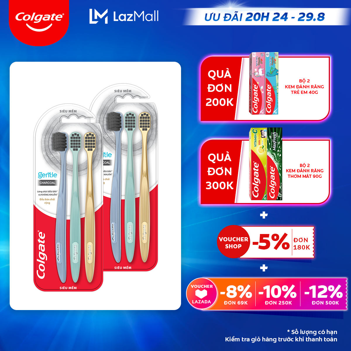 Bộ 6 bàn chải Colgate Gentle Comfort Charcoal đầu chải rộng, than hoạt tính kháng khuẩn