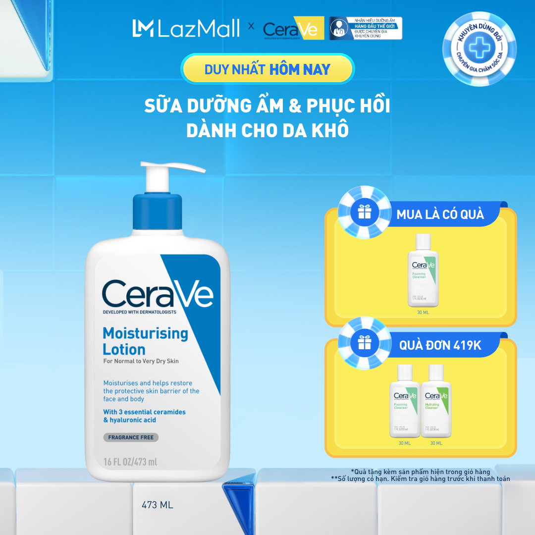 Sữa dưỡng ẩm phục hồi chuyên sâu và giữ da ẩm mịn suốt 48H, duy trì hàng rào bảo vệ da CERAVE MOISTURISING LOTION 473ML