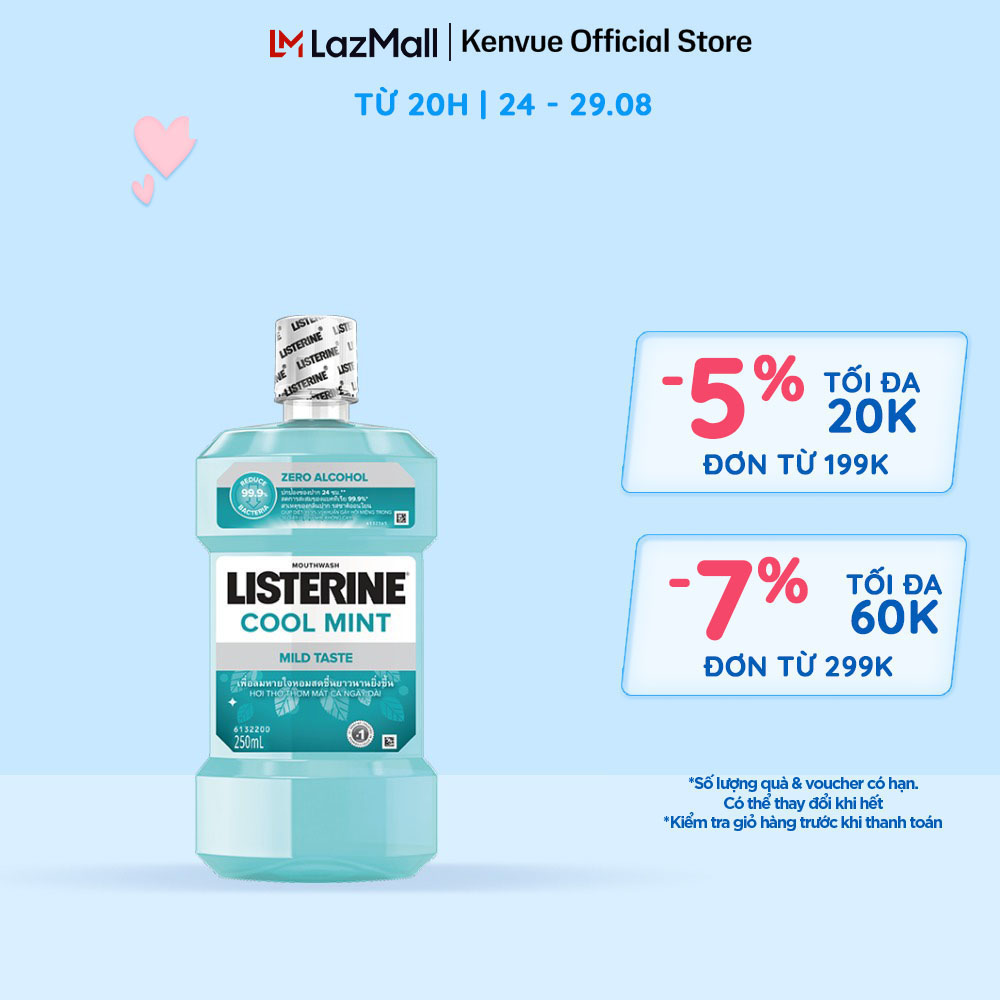 Nước súc miệng không cay giúp hơi thở thơm mát Listerine Cool Mint Zero Alcohol - Dung tích 250ml