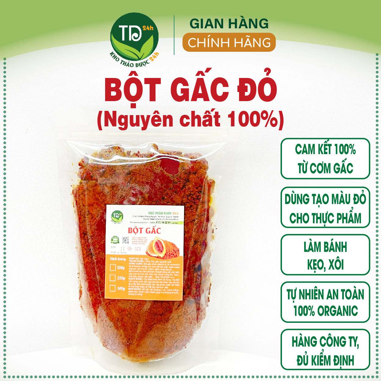 Bột gấc đỏ 100% nguyên chất, tạo màu và mùi vị tự nhiên, dùng nấu xôi, bánh, thạch, mứt, hàng công ty, đầy đủ kiểm định I Kho Thảo Dược 24h
