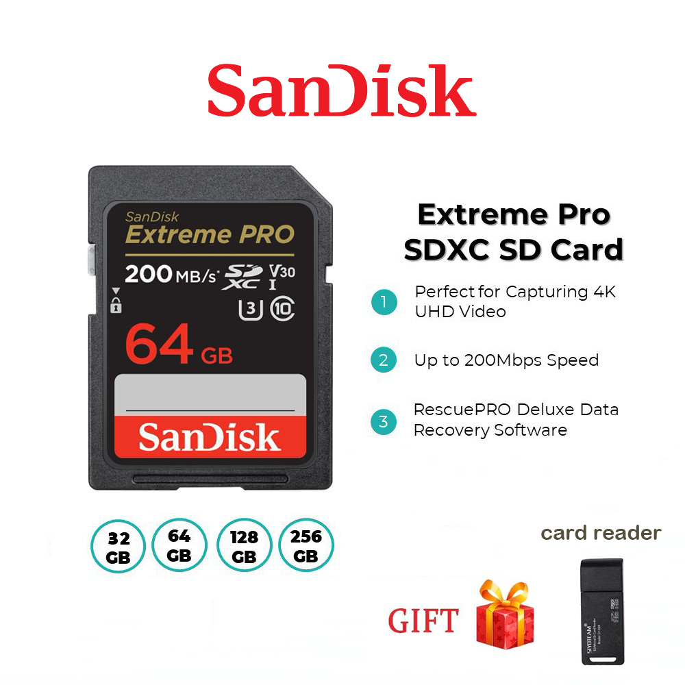 SanDisk Extreme Pro SD CARD (16GB / 32GB / 64GB / 128GB / 256GB / 512GB) 200MB/s Memory Card Class 10 U3 V30 4K UHS-I SDXC (SDSDXXG/SDSDXXY)