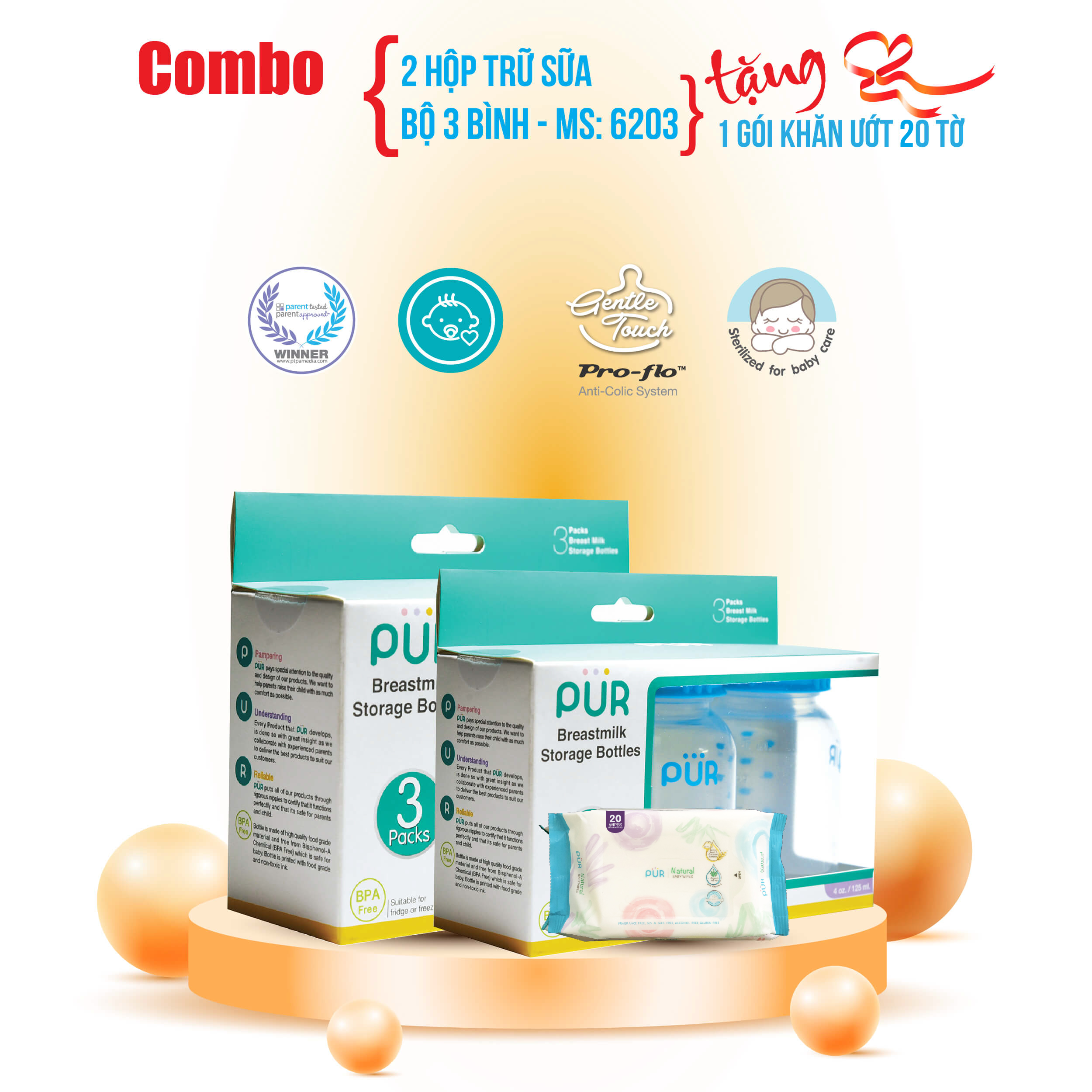 Combo 2 hộp trữ sữa bộ 3 bình, tặng 1 gói khăn ướt Pur 20 tờ