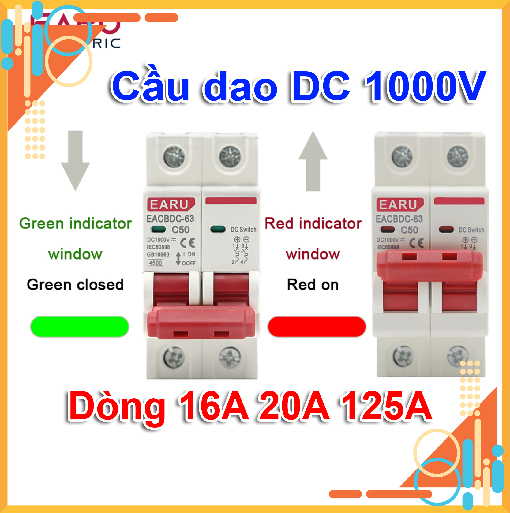Bộ ngắt mạch cầu dao cb dc 1000v earu cho pin năng lượng mặt trời 16a 20a 2p