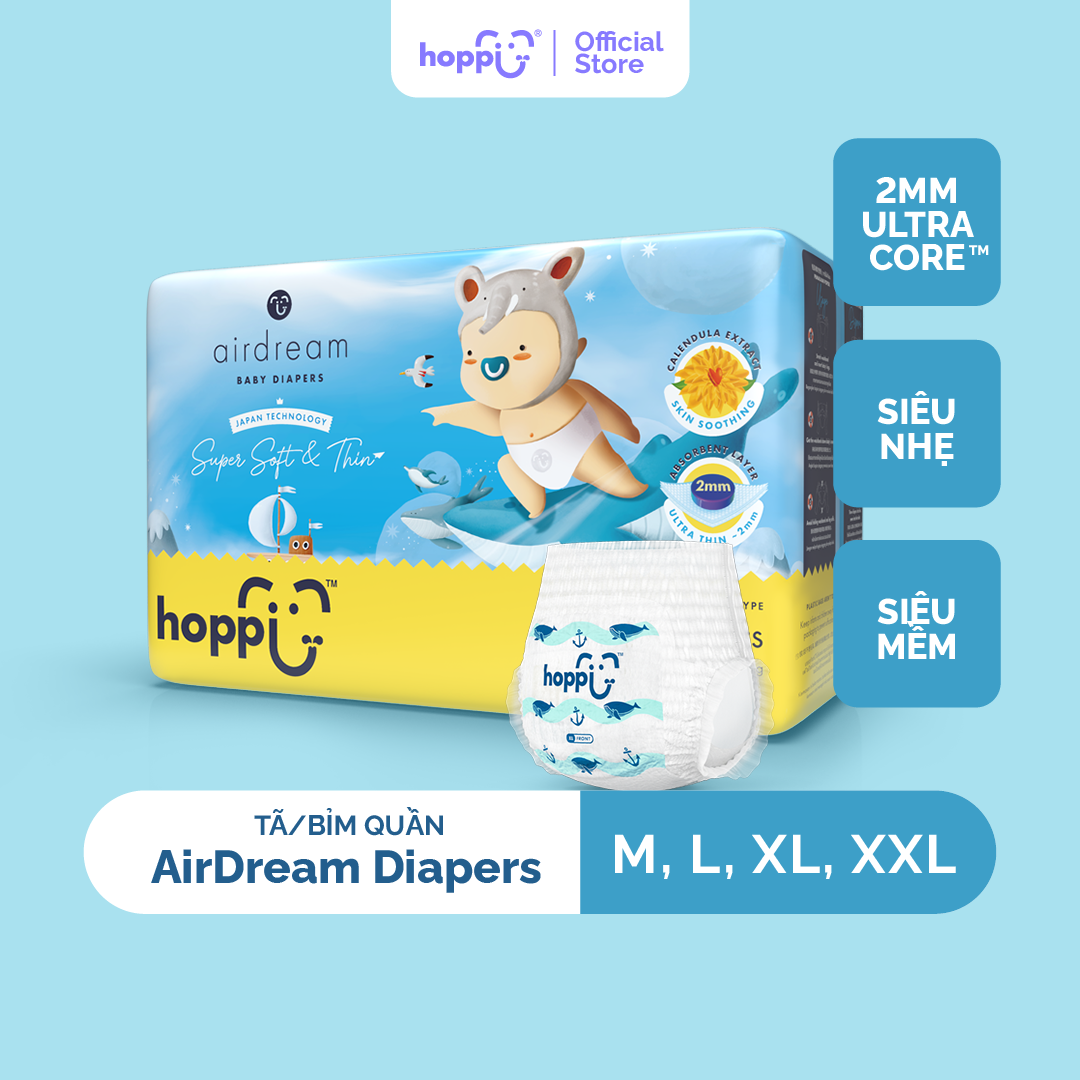 Tã / bỉm quần Hoppi AirDream Diaper số lượng M 44 / L 38 / XL 32 / XXL 28 miếng - Thương hiệu Hoppi Giá 228,000 Đồng*Miễn phí vận chuyển