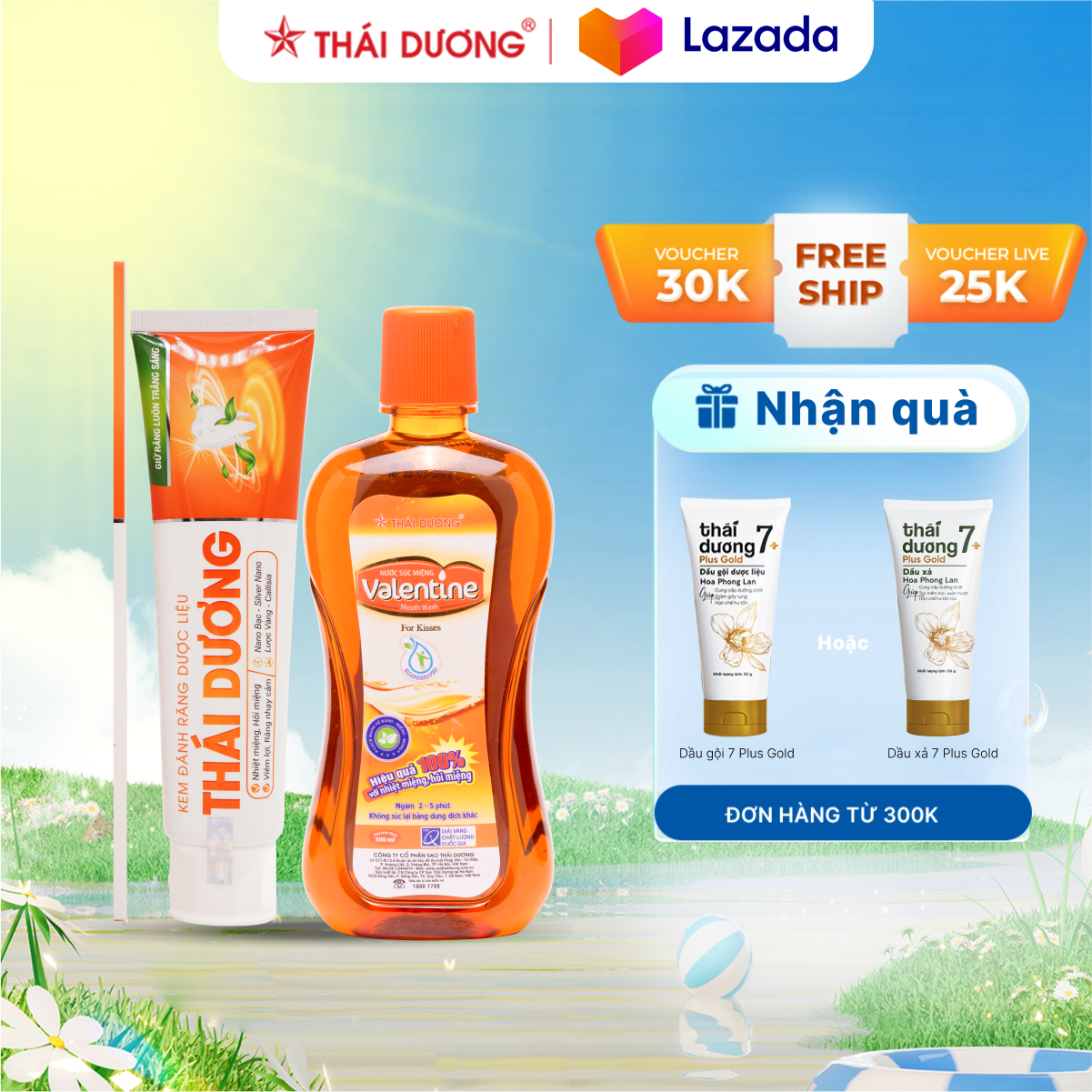 Bộ chăm sóc răng miệng toàn diện - kem đánh răng thái dương 150g & nước súc miệng valentine 500ml